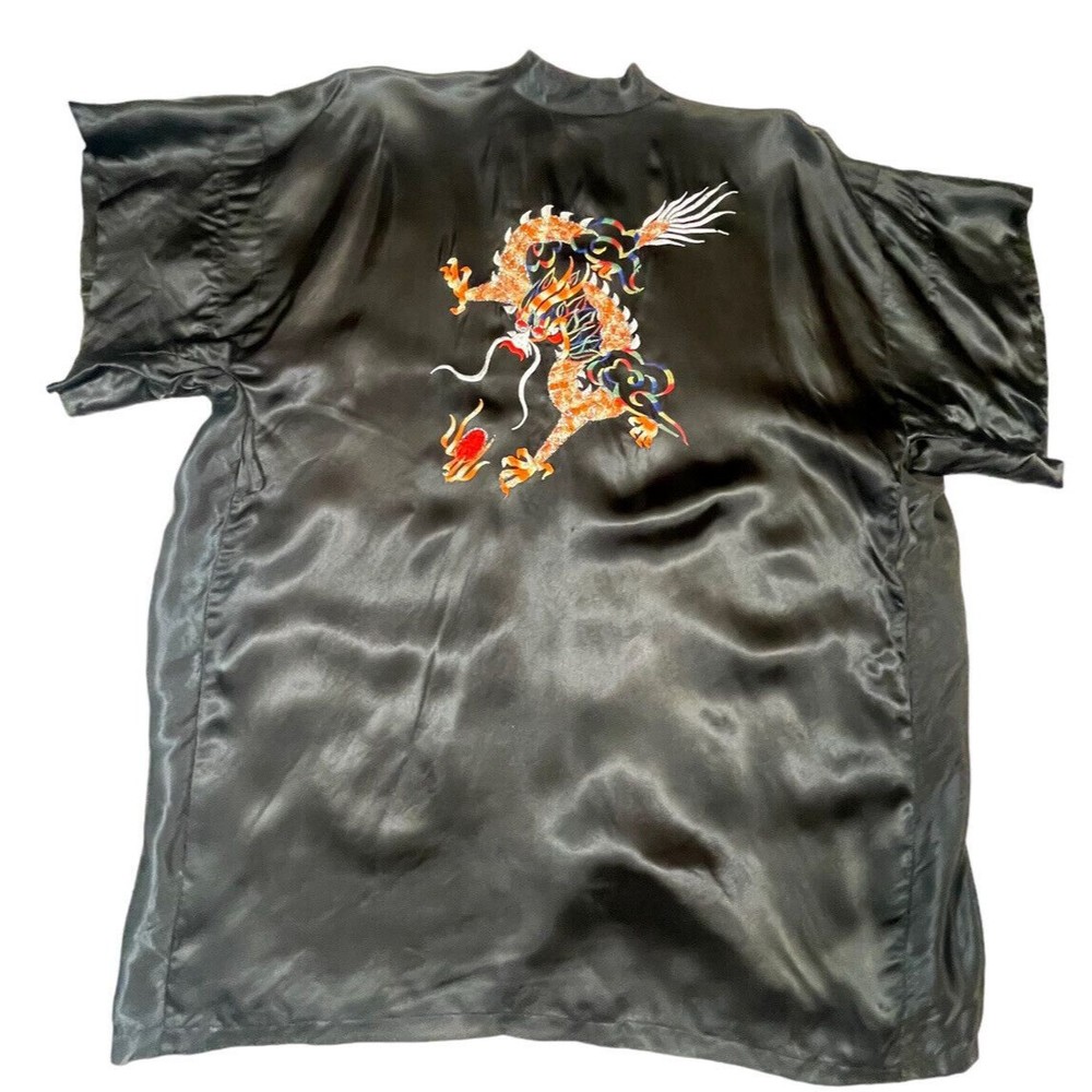 Vintage Black Rayon Kimono Robe Embroidered colorful DRAGON Hong Kong Pockets
